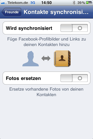 Sync Einstellungen in der Facebook iPhone App